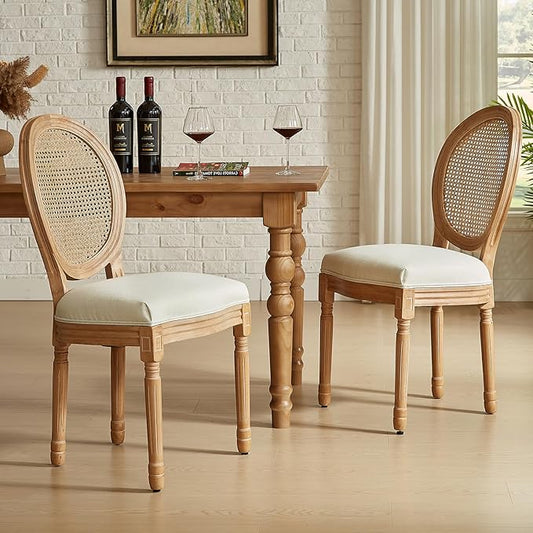 Nrizc French Country Dining Chair Set of 2, Vintage Chic, Upholstered and Carved Wooden Frames, Beige Linen Fabric, Lightweight and Sturdy, Ideal for Dining Room, Kitchen, Living Room, Bedroom