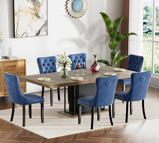 Goujxcy 78.7" Farmhouse Extendable Dining Room Table Set for 6, 7-Piece Rectangle Kitchen Dining Room Table Set with Wood Base and 6 Blue Velvet Dining Chairs, Extending Kitchen & Dining Table Set