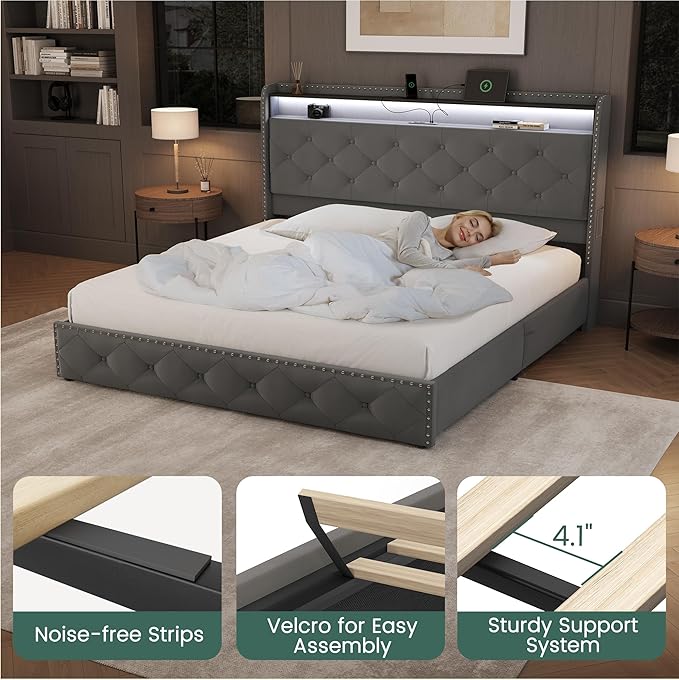 LARMACE Queen LED Bed Frame with Storage Headboard and USB Charging Station, Velvet Upholstered Platform Bed Frame with 4 Drawers, Tufted Beds with Heavy Duty Wood Slats Support, Easy Assembly, Grey