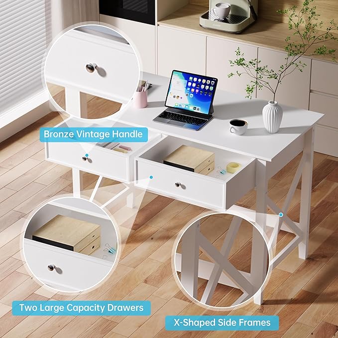 White Computer Desk with 2 Drawers, Modern Makeup Vanity Desk with Storage, Writing Desk for Home Office, 42'' Long Study Simple White Desk for Bedroom Console Table Living Room