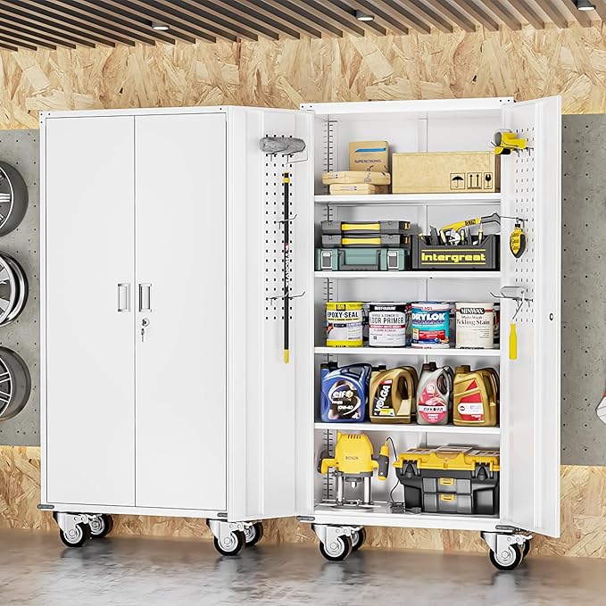 INTERGREAT Rolling Metal Cabinet with Wheels, 75" H Rolling Metal Cabinets with Pegboard, 18" D x 36" W Large Capacity Pulley Cabinet with Adjustable Shelves for Home Office, School, Garage(White)