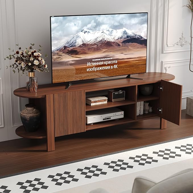 65 Inch TV Stand for Up to 75 inch TVs, Fluted Entertainment Center with Adjustable Shelve, Curved Round Corner TV Console Table with Storage Cabinet for Living Room, Bed Room (Walnut Color)