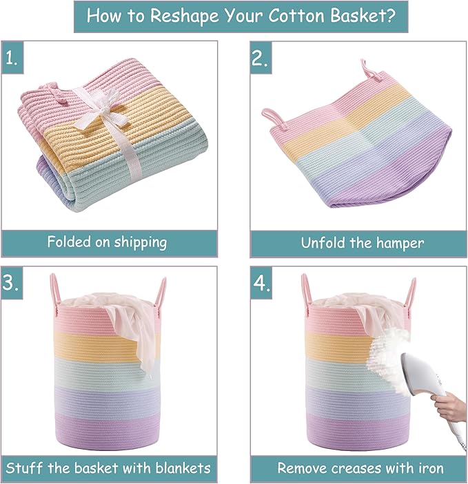 62L Hamper Laundry Basket for Baby Girls Kids Rainbow Nursery Hamper for Clothes Pastel Unicorn Woven Rope Blanket Basket for Toy in Playroom Bedroom Large