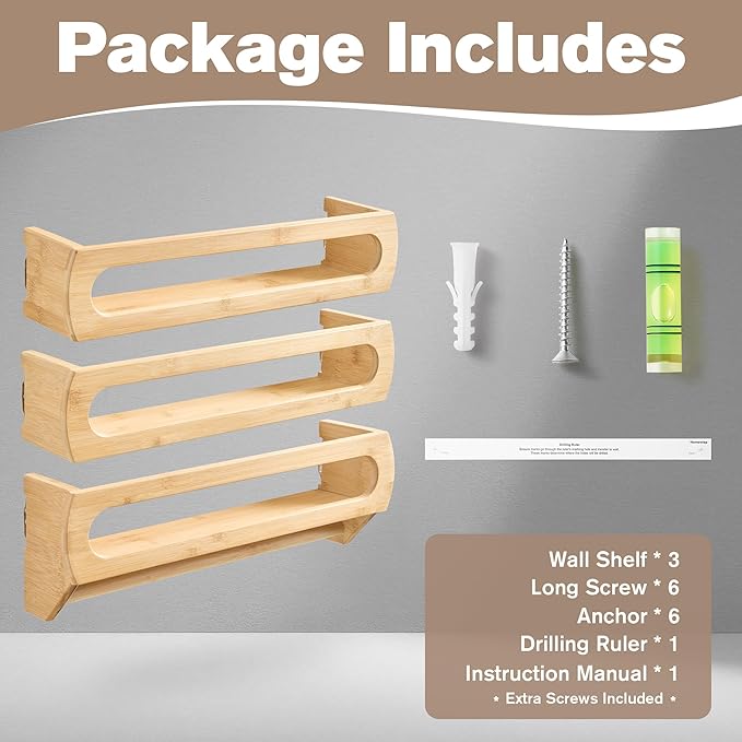 Bamboo Nursery Floating Book Shelves for Wall, Fully Assembled – Set of 3 Wall Mounted Bookshelves for Kids Room, Baby Room, Nursery Decor, 16.5 Inch Natural