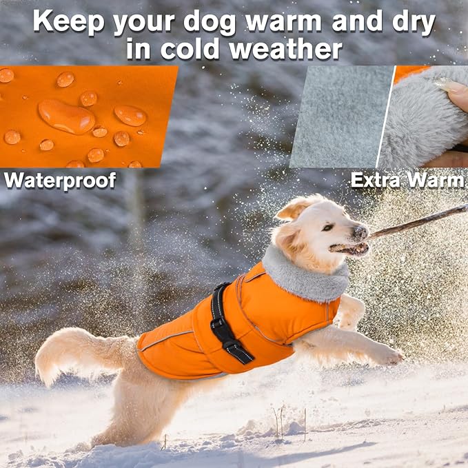 Lelepet Warm Dog Coat Reflective Fleece Vest Waterproof Dog Jacket with Adjustable Buckle Hook & Loop Windproof Cold Weather Coats for Small Medium Large Dogs, Orange, XXXL