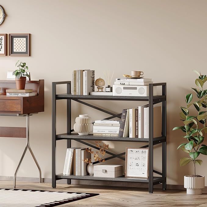 Homeiju 3 Tier Bookshelf 31.49" Width, Wood and Metal Etagere Bookcase, Vintage Farmhouse Modern Wooden Big Book Shelf for Home Living Room Bedroom Office Storage(Grey)