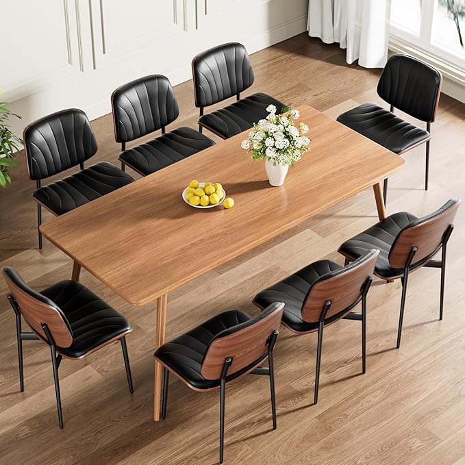 Dining Chairs Set of 6, Mid-Century Modern Upholstered PU Leather Chairs with Walnut Bentwood Back and Metal Legs Adjustable Feet for Kitchen Dining Room, Black Shell Strips