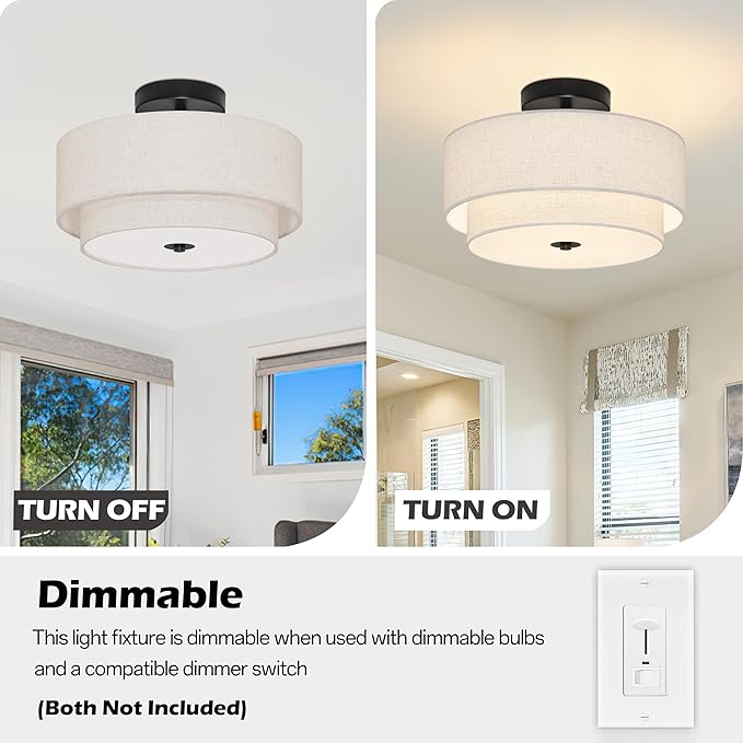 2 Light Semi Flush Mount Ceiling Light Fixture 12.6 Inch Modern Black Drum Ceiling Light Fixture with 2-Layer Fabric Shade Dimmable Close to Ceiling Light for Living Room Hallway Bedroom Entryway