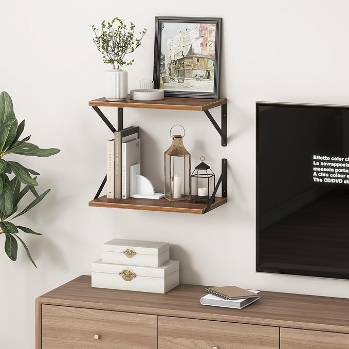 Fun Memories 10 Inch Deep Floating Shelves, Walnut Floating Shelf 16 Inch Long, 16" W x 10" D Wall Shelves Set of 2, Deep Shelves for Books, Wide Floating Shelves for Bahtoom, Living Room, Kitchen