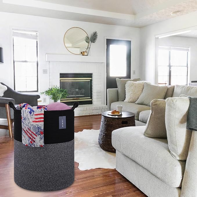 COMSE Extra Large Blanket Basket, Tall Woven Storage Basket, Nursery Hamper, 15.7”x 21.7”, Cotton Rope Laundry Hamper for Toys Clothes Towels, Black