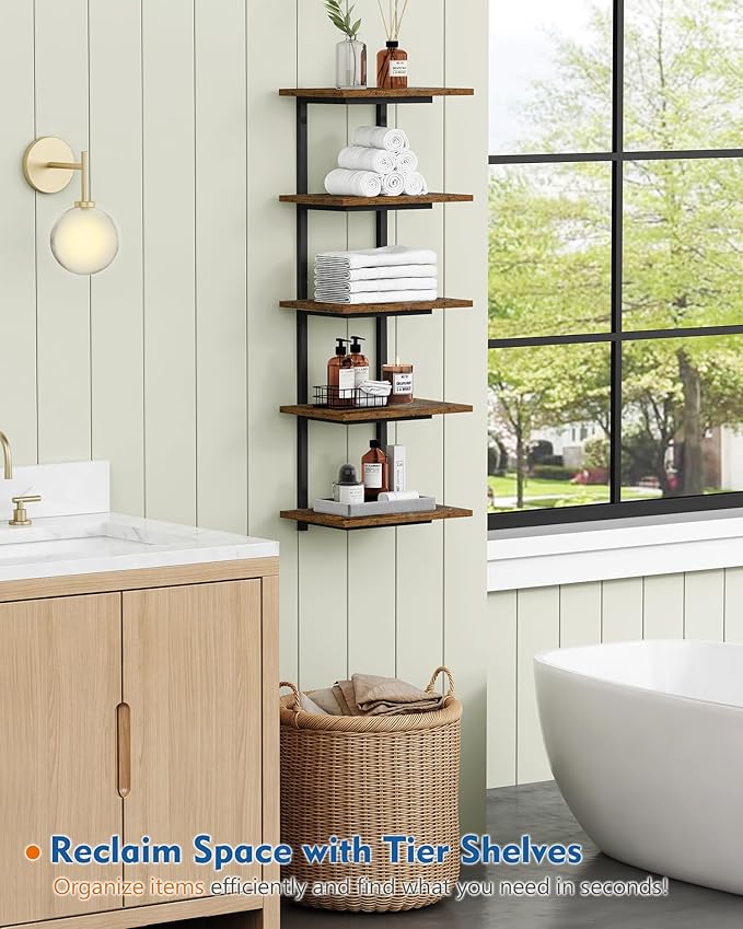 5 Tier Wall Bookshelf Unit for Bedroom Books, Large Floating Book Shelves Wall Mounted, Rustic Wood Lack Tiered Hanging Shelf for Kitchen Office Living Room Corner (Dark Brown)