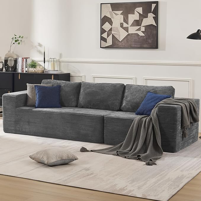 106" 3-Seater Sofa, Cloud Modular Sofa with Certified Foam, Upholstered Floor Sofa with Deep Seat, Upholstered Sofa for Bedroom Living Room, No Assembly Required (Plush Corduroy Fabric, Grey)