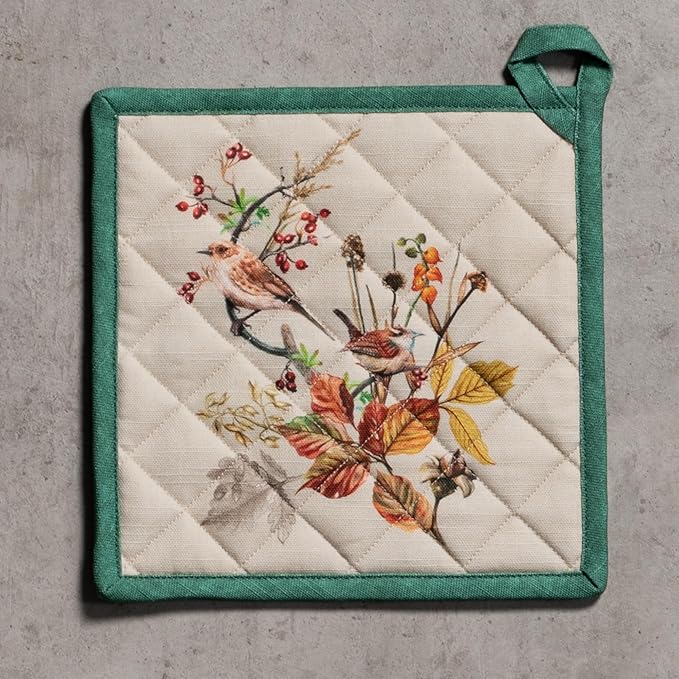 Maison d' Hermine Pot Holders 100% Cotton Heat Resistant Potholders 8" x 8" Hot Pads with Loop for Thanksgiving Christmas Decorations BBQ Cooking Baking Handling Hot Pans (Pack of 1, Recolte)