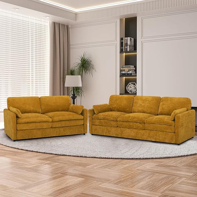 2 Pieces Chenille Sofa Set w/Throw Pillows, Upholstered Loveseat & 3 Seater Sofa w/Comfortable Back Cushions, Modern 2-Seat & 3-Seat w/High-Density Foam for Living Room, Apartment, Yellow