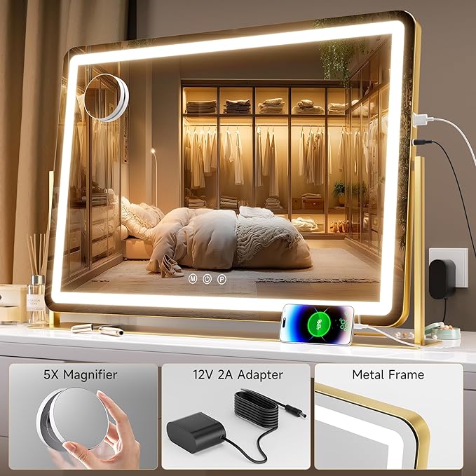 Hasipu Vanity Mirror with Lights, 30" x 21" LED Makeup Mirror, Light up Mirror with 5X Magnification and Phone Holder, USB Charging Port, Smart Touch 3 Colors Dimmable, 360° Rotation (Gold)