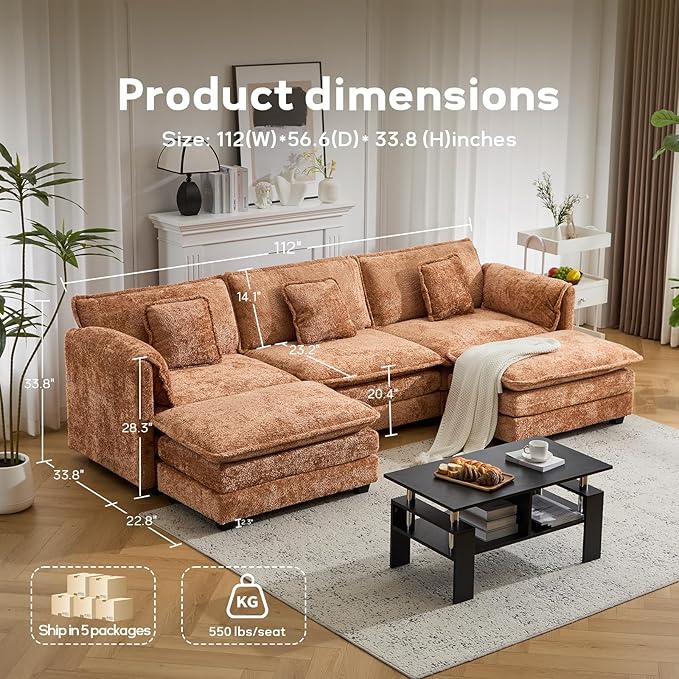 112" U Shaped Modular Sectional Sofa, 3 Seater Comfy Cloud Couch with Movable Ottoman, Deep Seat Couches for Living Room, Bedroom, Apartment (Orange)