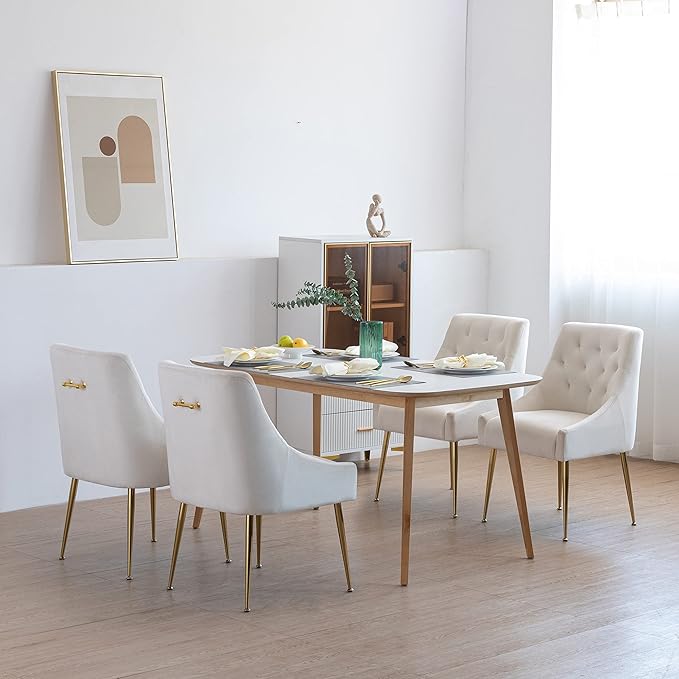 Modern Dining Chairs Set of 2, Mid Century Chairs with 5.12” Cushions and Golden Legs, Velvet Upholstered Dining Chairs with Back Pull Rod, for Kitchen, Living Room (Beige)