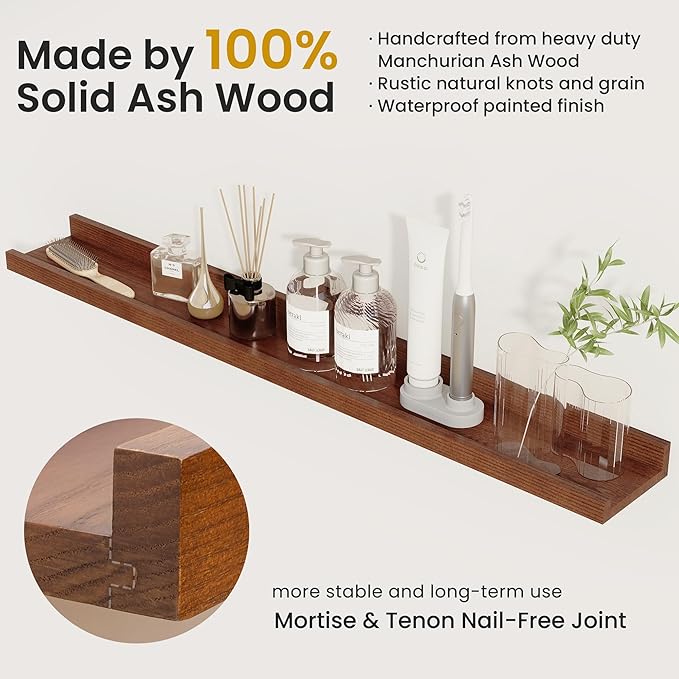 Solid Ash Wood Picture Ledge Shelf, Floating Shelves Set of 2, 56 Inch Long Large Ledge Shelves, Nursery Book Shelves Wall Mounted for Living Room Bedroom Kitchen Decor Kids Bookshelf, Walnut