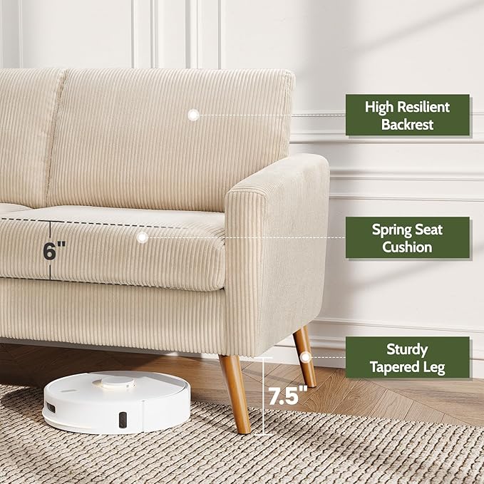 WEUP 68" Loveseat Sofa Beige Corduroy Couch, Mid Century Modern Love Seat Couches for Living Room, Small Loveseat for Bedroom Office, Comfy Sofa with Spring Cushion, Solid Wood, Tool-Free Assembly
