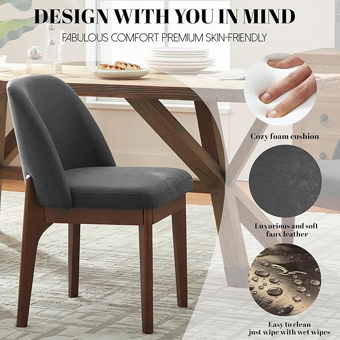 VKNOW Modern Dining Chairs Set of 4, Faux Leather Kitchen Chairs with Wood Legs, Upholstered Side Chair for Kitchen Dining Room, Black