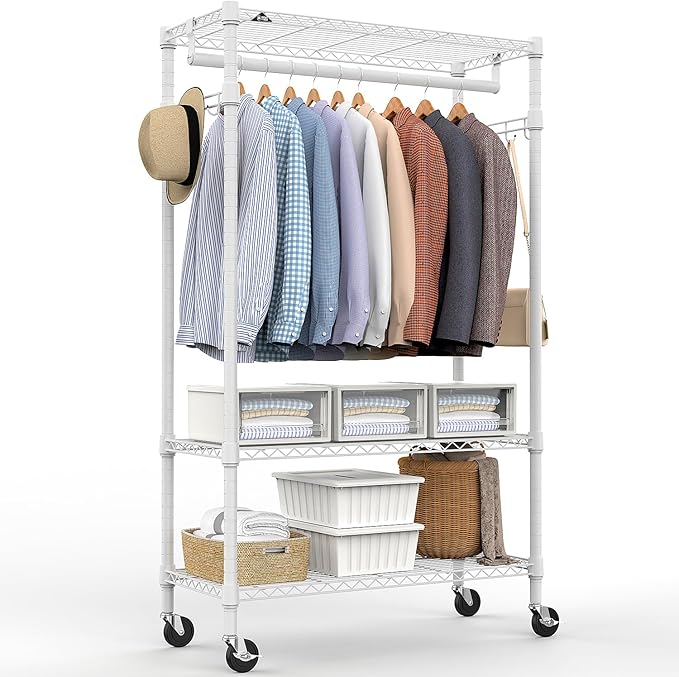 Heavy Duty Rolling Garment Rack 3 Tiers Adjustable Wire Shelving Clothes Rack with Rods and Side Hooks,Storage Closet Clothing Rack with Wheels White 15.7" D x 29.5" W x 74.5" H