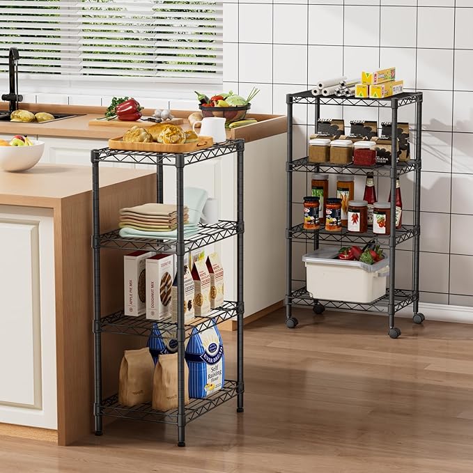 Small 4 Tier Shelves Storage Wire Shelving Unit Metal Shelf Adjustable Organizers Storage Shelving with Wheels for Bathroom Laundry Room Kitchen Pantry12”D x 18”W x 44.8”H Black