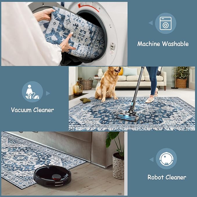 Moynesa Ultra-Thin Vintage 8x10 Area Rugs - Blue Bedroom Rugs for Living Room Non-Slip Stain Resistant, Printed Oriental Playroom Mat Indoor Floor Carpet for Dining Table Office Decor