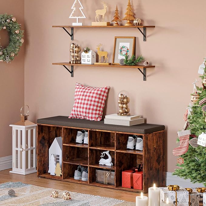 DINZI LVJ Long Wall Shelves, 31.5 Inch Wall Mounted Shelves Set of 2, Easy-to-Install, Wall Storage Ledges with Sturdy Metal Brackets for Living Room, Bathroom, Bedroom, Kitchen, Rustic Brown