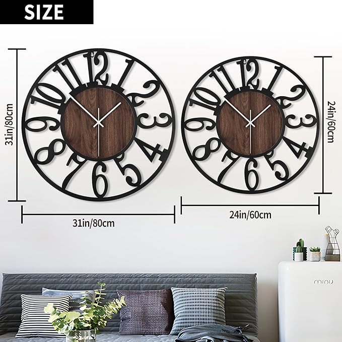 1st owned Large Wall Clock for Living Room Decor- 32" Decorative Antique Silent Little Ticking Battery Operated,Black Metal,Wood Clocks for Farmhouse,Dining Room,Bedroom,Kitchen - Arabic Numerals