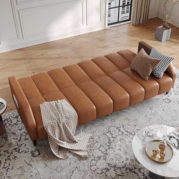 Fadware Faux Leather Couch, Convertible Futon Sofa Bed with Adjustable Backrest, Mid Century Leather Sofa Loveseat with Side Pockets& Metal Leg, Modern Leather Sleeper Sofa for Living Room Bedroom