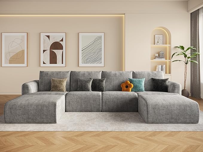 EASE MOOSE Boneless Modular Cloud Couch, Oversized U-Shaped Sectional Sofa for Living Room with Ottoman, Extra Large Movable Couches, 6-Deep-Seat Sofas for Bedroom, Apartment, Chenille (Light Grey)