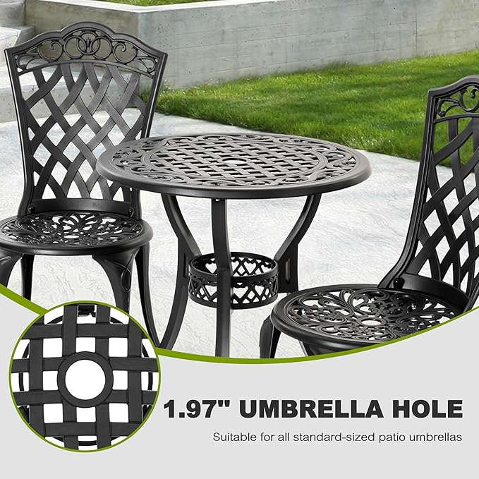 NUU GARDEN 3-Piece Patio Bistro Set Outdoor Cast Aluminum Bistro Table and Chairs Set of 2, Outdoor Patio Bistro Set with Umbrella Hole for Patio Balcony, Black