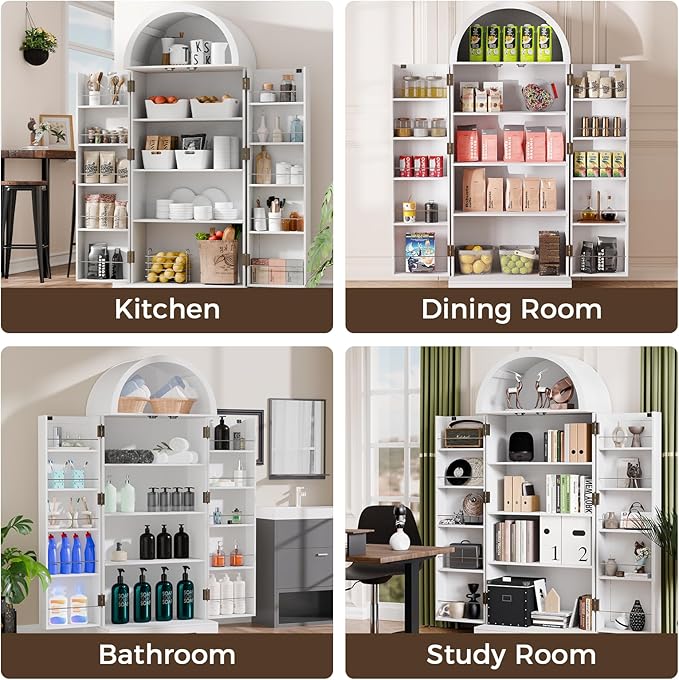 65" H Arched Kitchen Pantry Cabinet, Modern Farmhouse Storage Cupboard with Adjustable Shelves, White Freestanding Wood Cabinet for Kitchen, Living Room, Dining Room