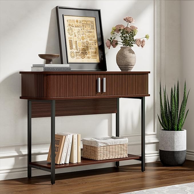 40" Mid Century Modern Entryway Table, Ultra Slim Fluted Console Table with Storage & Sliding Doors, Modern Round Corner Sofa Table, Wooden Entry Table for Living Room, Hallway, Walnut