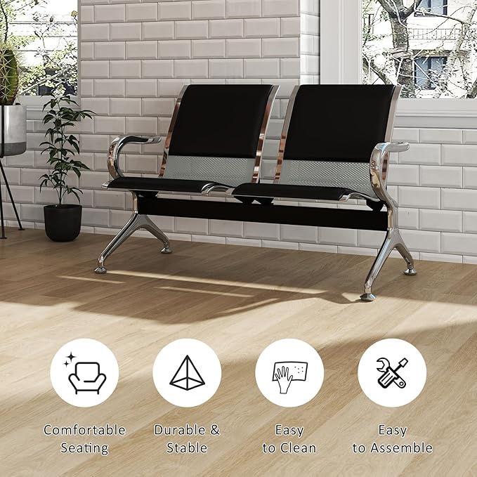 Kinfant Waiting Room Chairs Set- 2-Seat PU Leather Office Chair Guest Reception Waiting Room Bench Furniture for Airport, Hospital, Bank, Salon, Barbershop(Black)