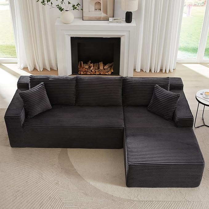 104 Inch Cloud Sectional Couch with L-Shape Chaise,Modern Upholstered Couches with Deep Seat,Corduroy Sponge Compressed Sofa for Living Room, Bedroom,No Assembly Required (Dark Grey)