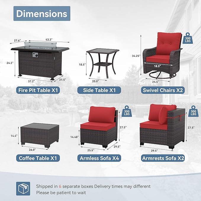 Kurapika 11 Pieces Patio Furniture Set, Rattan Wicker Outdoor Conversation Sets w/43in Propane Fire Pit Table, Swivel Rocking Chairs Patio Sectional Sofa w/4 Inch Cushion, Red