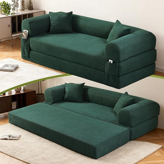 Convertible Futon Sofa Bed,80" Folding Pull Out Couch with Pillows & Storage Pocket, Oversized Queen Sleeper Sofa in a Box,Corduroy Boneless Couch for Living Room,Deep Green