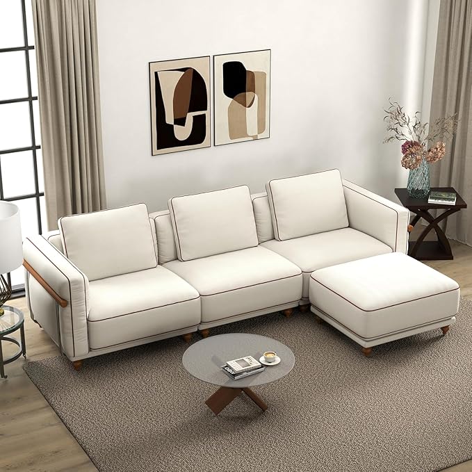 121.25" Modular Luxury Cloud Sectional Sofa with Ottoman, 70% Down-Filled Cushions, Removable Washable Ultra-Soft Linen Cover, Extra-Deep Seating, Solid Wood Armrests for Living Room