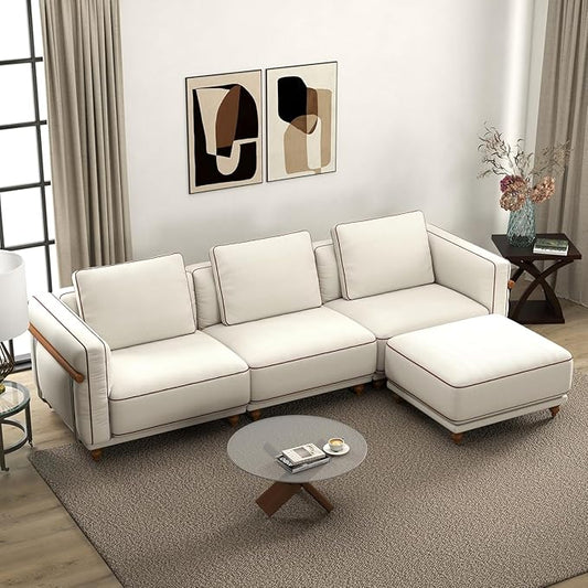 121.25" Modular Luxury Cloud Sectional Sofa with Ottoman, 70% Down-Filled Cushions, Removable Washable Ultra-Soft Linen Cover, Extra-Deep Seating, Solid Wood Armrests for Living Room