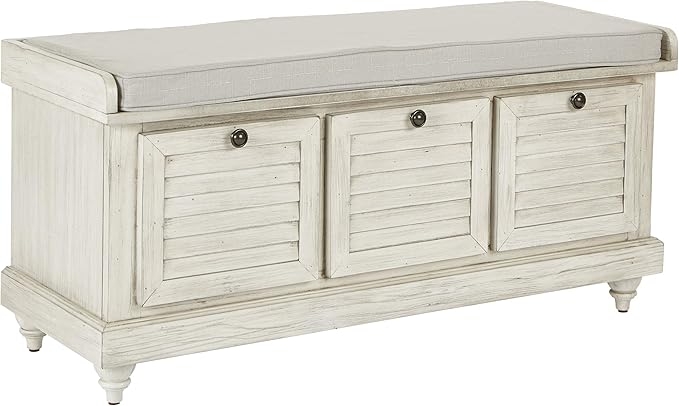 OSP Home Furnishings Dover Coastal Lift-Top Storage Bench with Shutter Face Styling, White Wash Finish with Off-White Fabric Cushion