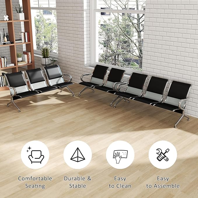 Kinfant Waiting Room Reception Chairs Set- 3 Pieces PU Leather Office Guest Reception Waiting Room Bench with Armrest for Waiting Area, Airport, Hospital, Bank, Salon, Barbershop, Black