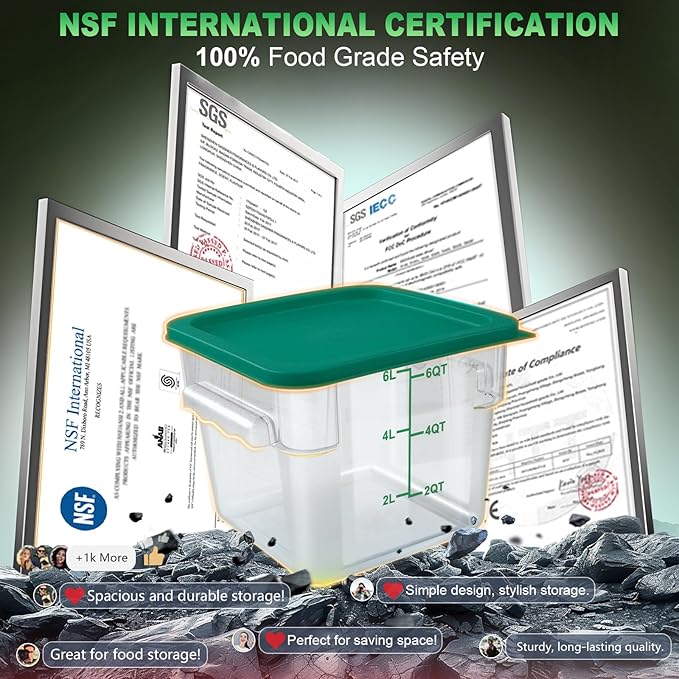 4QT NSF Food Storage Containers with Lids: 4 PCS [Total Food Grade][Hot&Cold Resistant] Commercial Clear Food Storage Containers for Restaurant Kitchen Proof Dough, Measuring Spoons Included(Green)