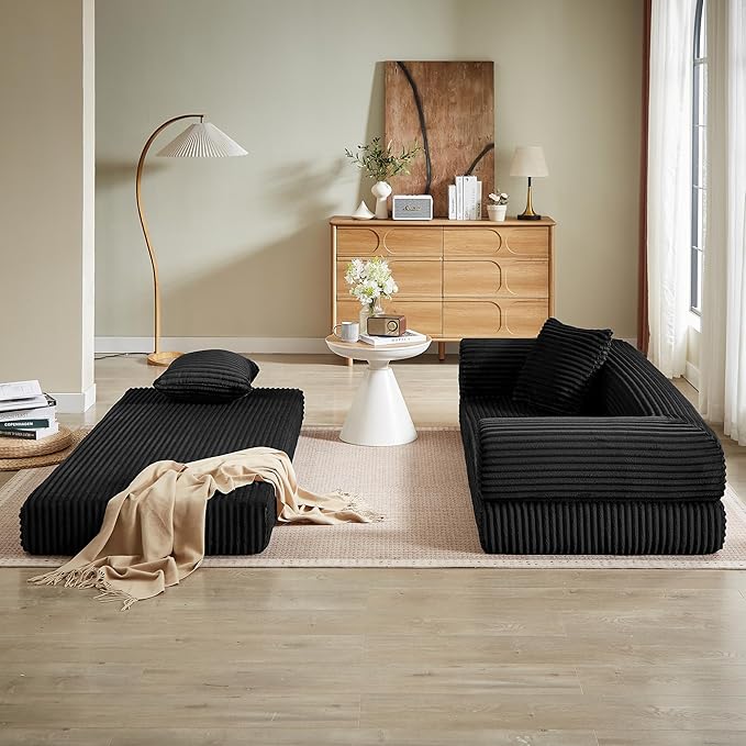 Boneless Couch Sofa Bed Sectional Couches for Living Room,Futon Cloud Couch with Sleeper Sofa,Sofas for Living Room Oversized Corduroy Upholstered (Black)