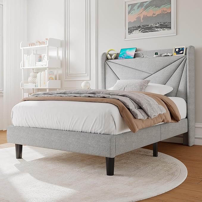 Twin Size Upholstered Bed Frame with Charging Station, Platform Bed Frame with Storage Headboard, Solid Wood Slats Support, No Box Spring Needed, Light Gray