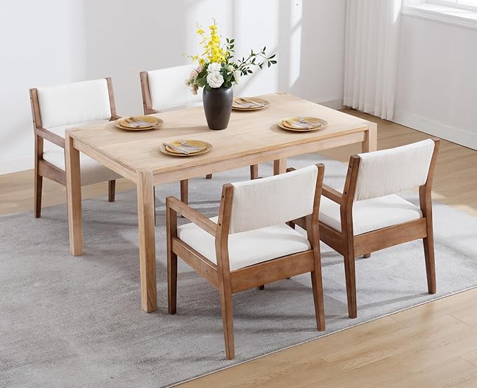 EALSON Upholstered Dining Chairs Set of 4 Mid Century Dining Room Arm Chairs with Hardwood Frame Modern Farmhouse Kitchen Side Chairs for Living Room, Beige Linen