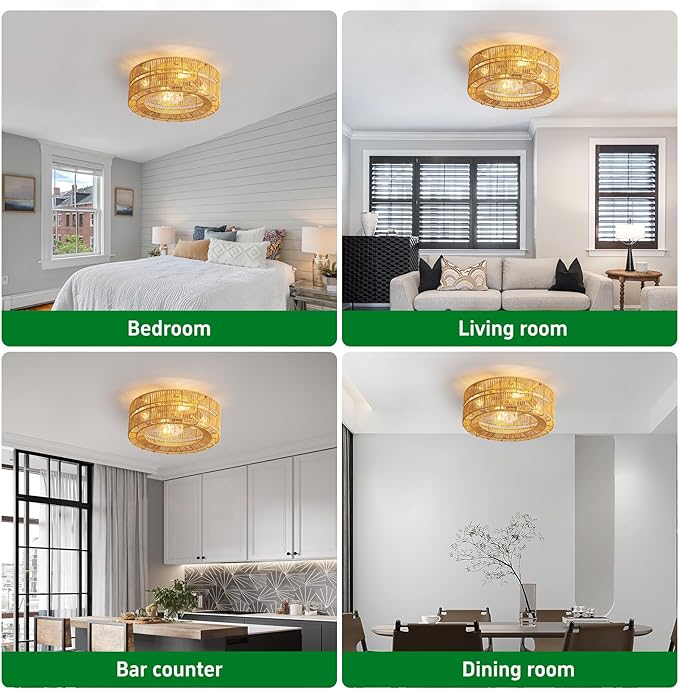 Boho Caged Ceiling Fan with Lights Flush Mount,17.7" Rattan fandelier Ceiling Fan with Remote Control,Layered Farmhouse Low Profile 6 Speeds for Bedroom,Living Room,Kitchen,Dining Room