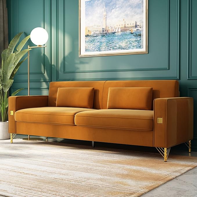 2PCS 85.63" Orange Velvet Sofa,Modern Loveseat Couch with Pillows Set of 2 for Living Room,Bedroom,Apartment Furniture with Gold Metal Legs