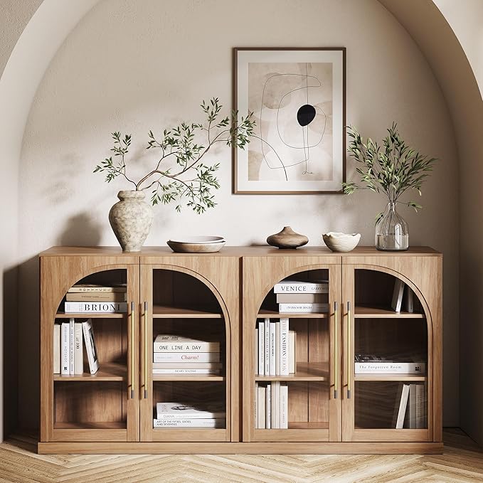 BELLEZE 65" Arched Sideboard with Glass Door, Accent Buffet Cabinet with Storage and Adjustable Shelves, Classic Modern Large Console Table for Dining Room Living Room Entryway (Camel)