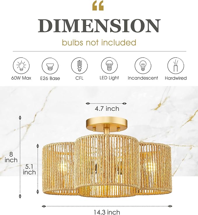 Rattan Light Fixtures Ceiling Mount, 4-Light 14" Boho Semi Flush Mount Ceiling Light with Hand-Woven Shade in Quatrefoil Shape for Kitchen Nursery Bedroom Hallway, Gold, AD-22007-4SF-RA-GD